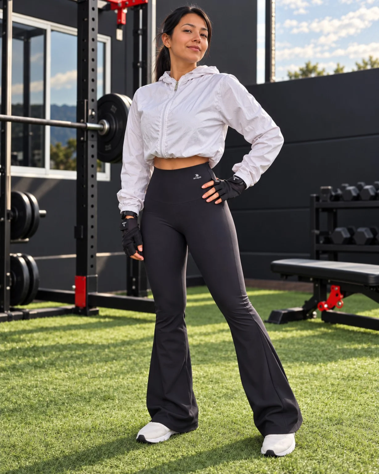 Look Acqua con chaqueta blanca y pantalón deportivo negro